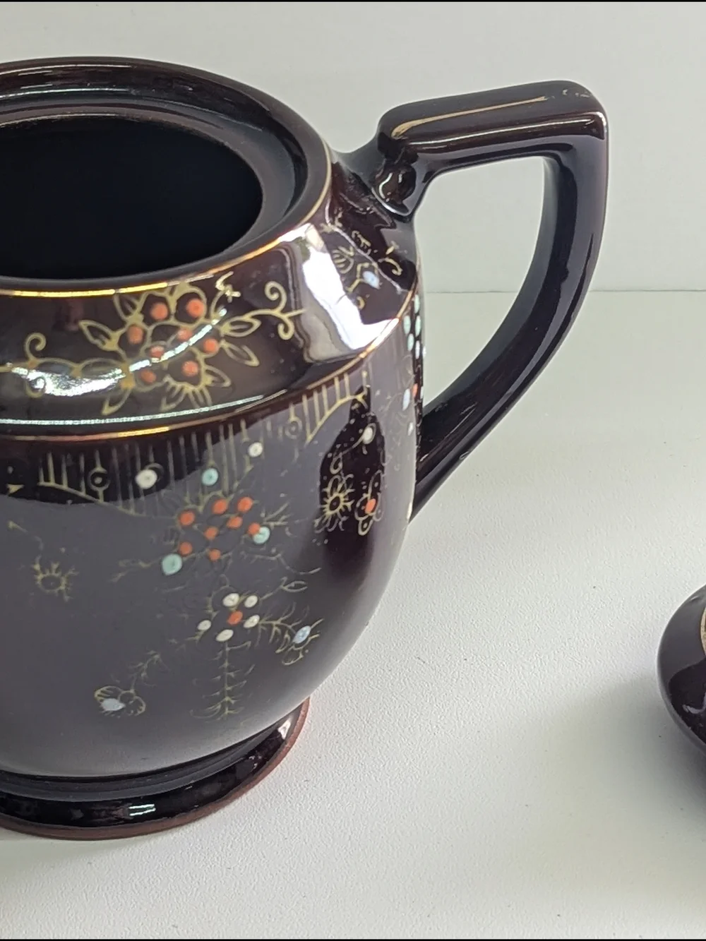 Vintage Hand Painted Brown Ceramic Teapot Floral Gold Cottagecore Tea Pot